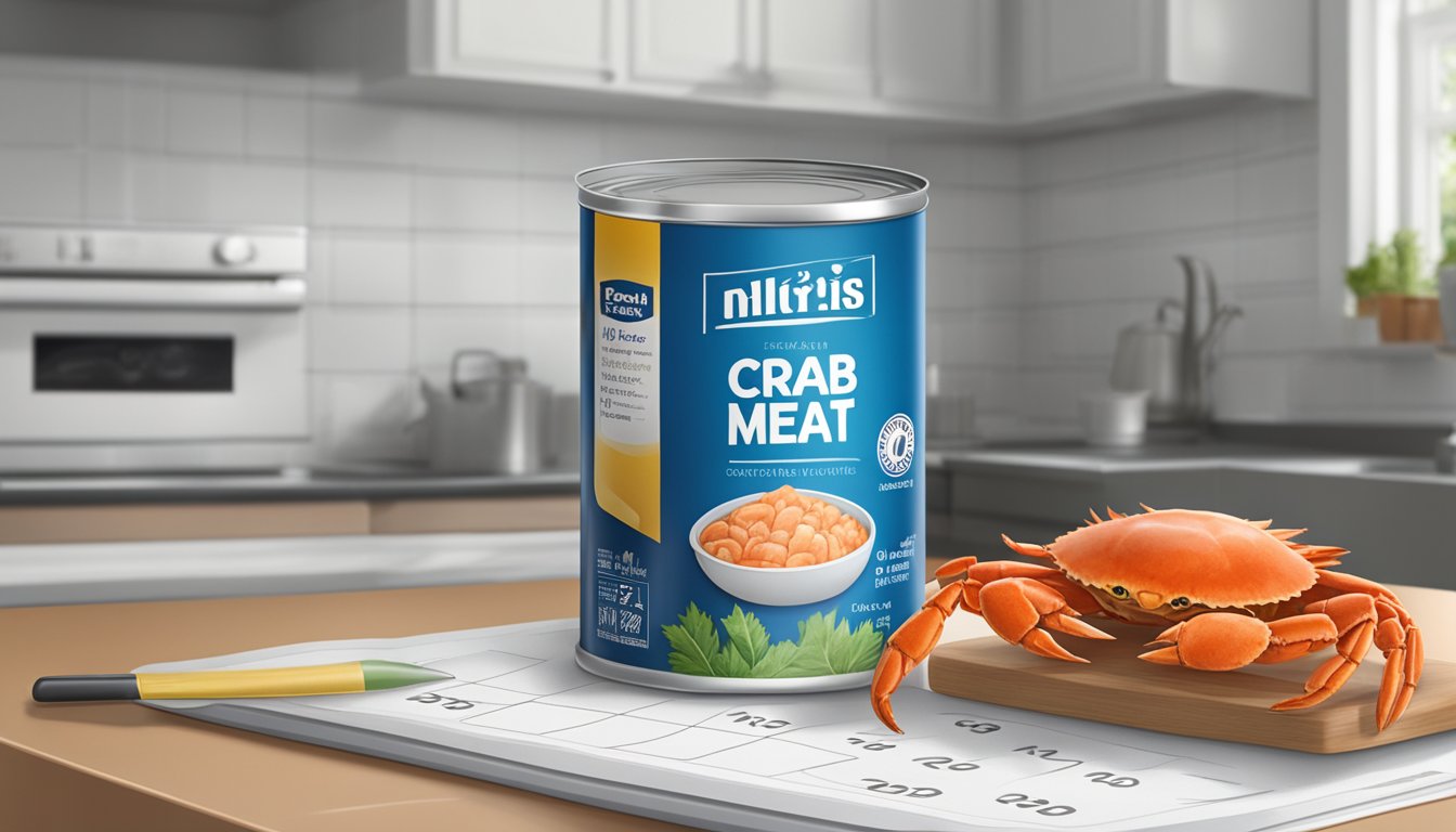 A can of crab meat sits on a kitchen counter next to a calendar. The can is unopened, with no signs of spoilage