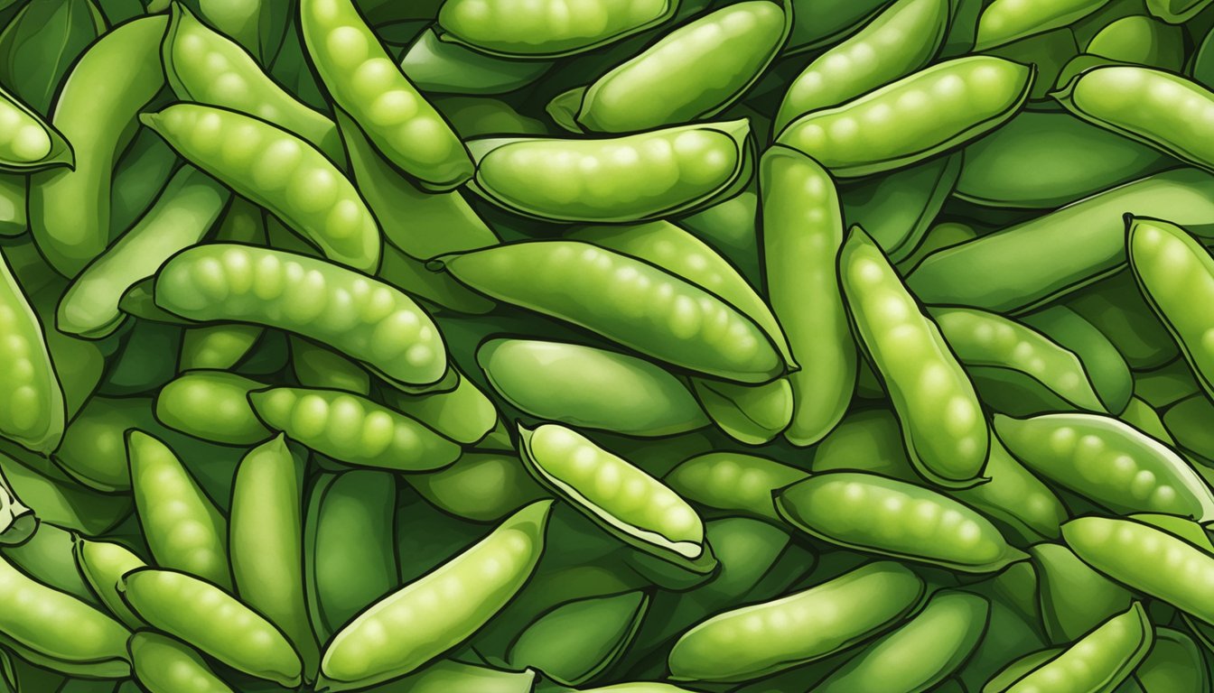 A pile of edamame pods, some open and discolored, on a kitchen counter