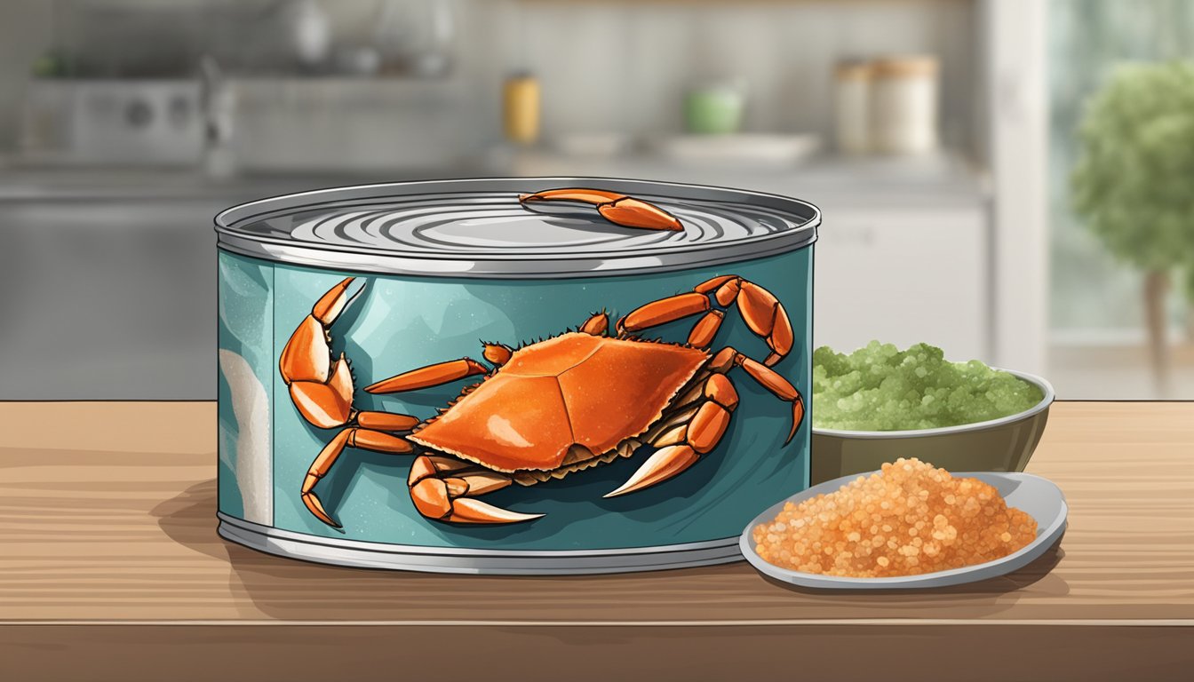 A can of crab sits open on a countertop, surrounded by a foul odor and mold growing inside