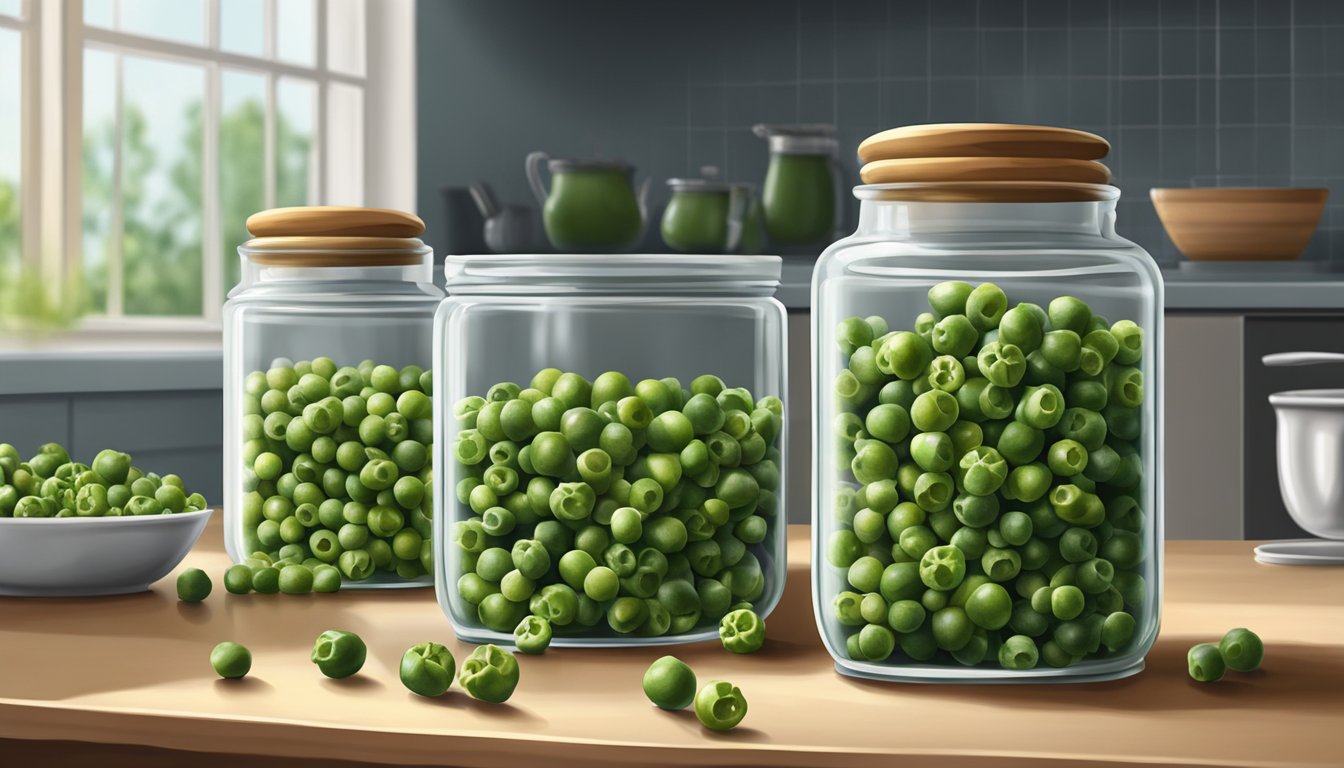 A bunch of green peppercorns in a glass jar on a kitchen counter