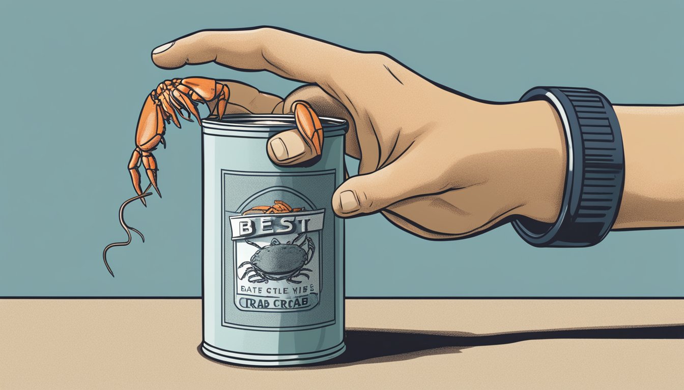 A hand reaching for a can of crab, with a "best by" date clearly visible on the label