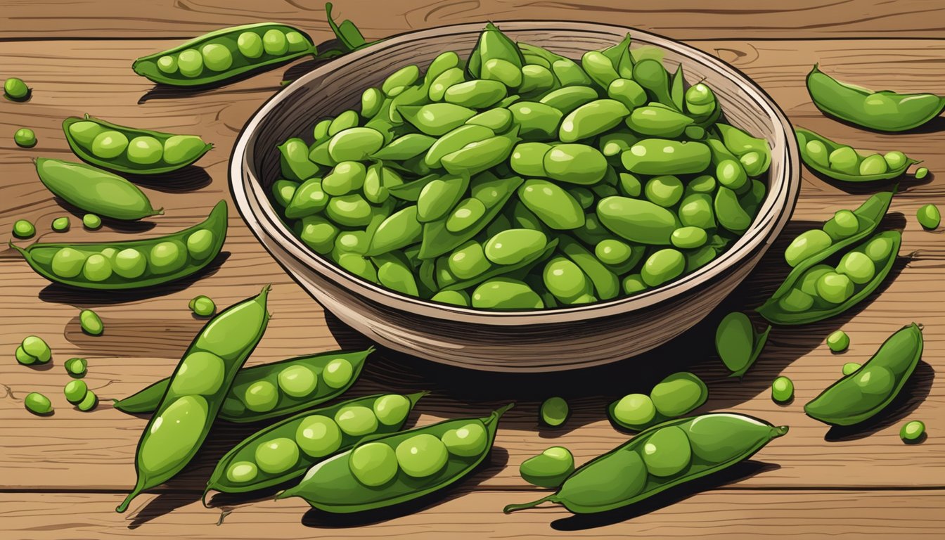 A bowl of edamame sits on a wooden table, surrounded by scattered pods. Some pods are open, revealing the bright green beans inside