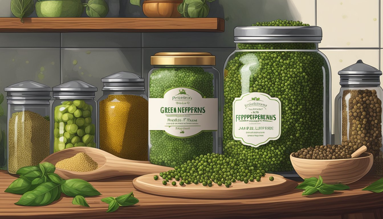 A jar of green peppercorns sits on a kitchen shelf, surrounded by other spices and herbs. The label indicates the shelf life, and the peppercorns appear fresh and vibrant