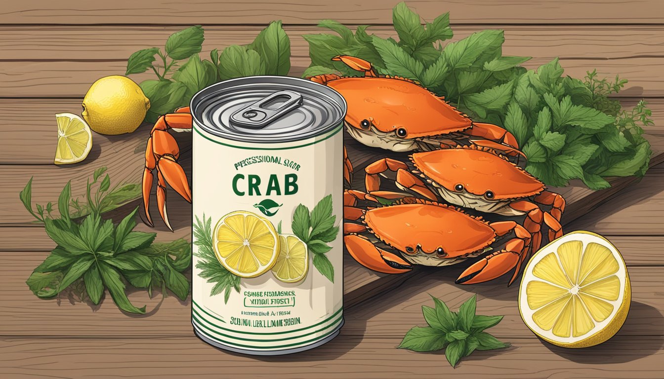 A can of crab sits on a wooden table, surrounded by fresh herbs and lemon slices. The label is clean and unopened, with no signs of spoilage