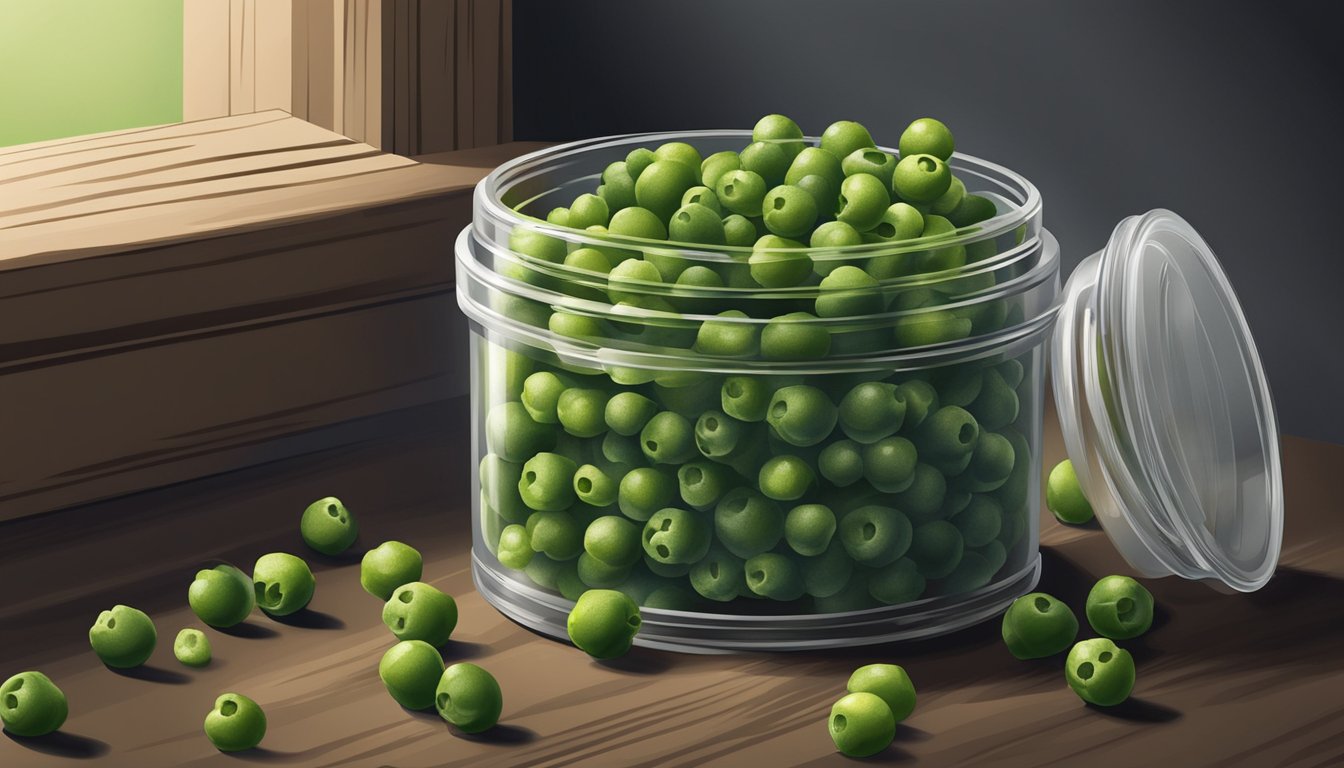 Green peppercorns stored in a sealed container in a cool, dark pantry