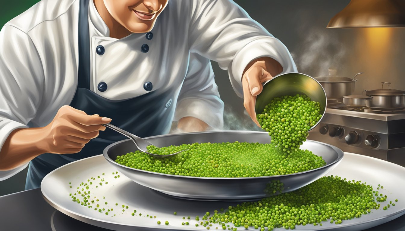 A chef sprinkles green peppercorns onto a sizzling dish, adding a burst of color and flavor