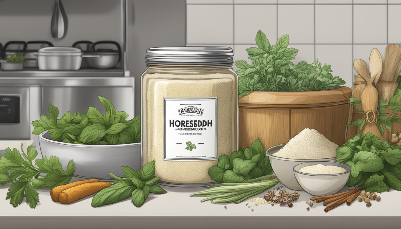 A jar of horseradish sits on a kitchen counter, surrounded by fresh herbs and spices. The label is worn, indicating it has been used frequently