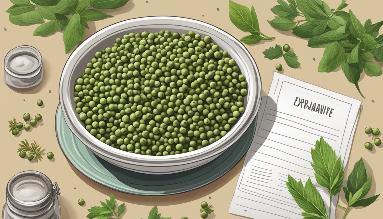 A bowl of green peppercorns surrounded by fresh herbs and spices, with a label indicating expiration date