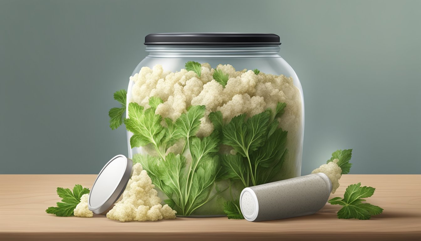 A jar of spoiled horseradish with mold growing on the surface, being discarded into a trash can