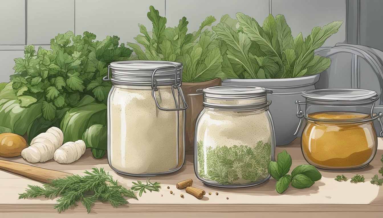 A jar of horseradish sits on a kitchen counter, surrounded by fresh herbs and spices. The lid is slightly ajar, and a faint aroma of pungent horseradish fills the air