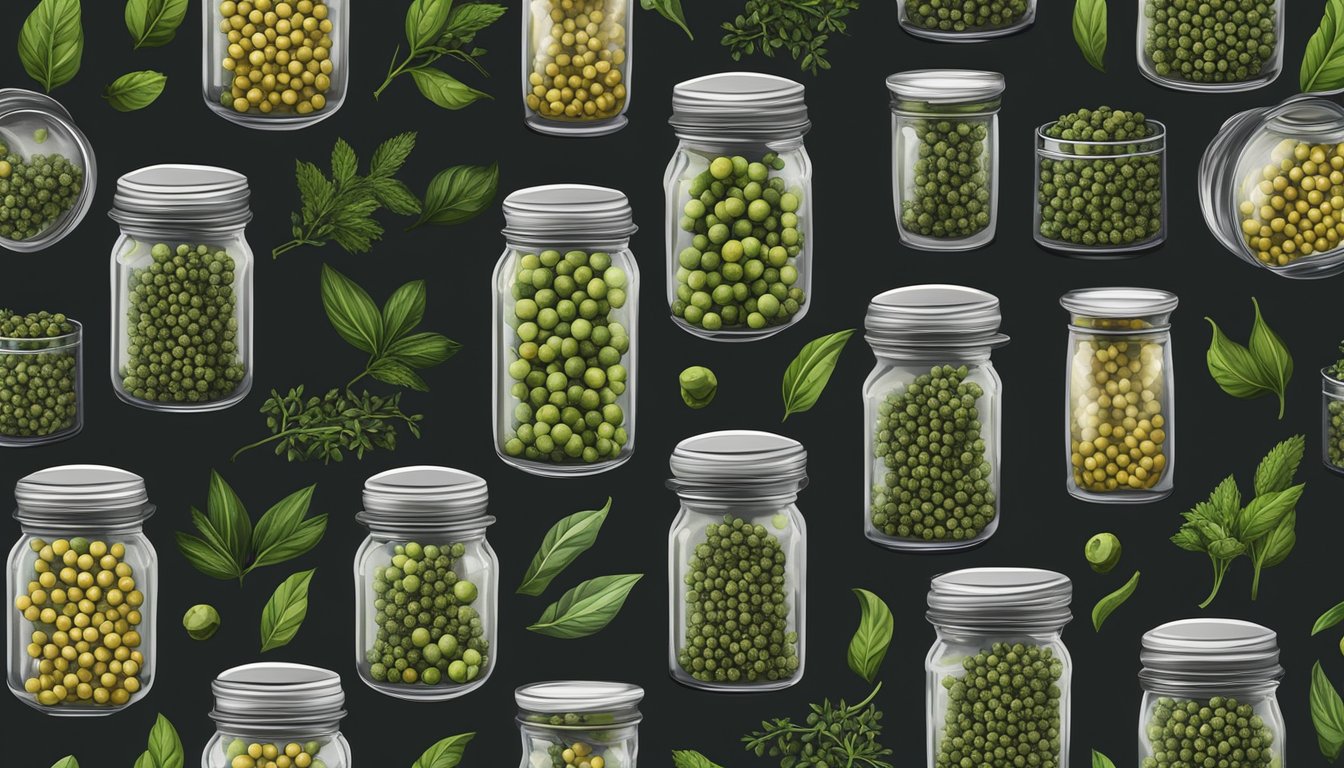 Green peppercorns stored in airtight jars with herbs and spices, placed in a cool, dark pantry