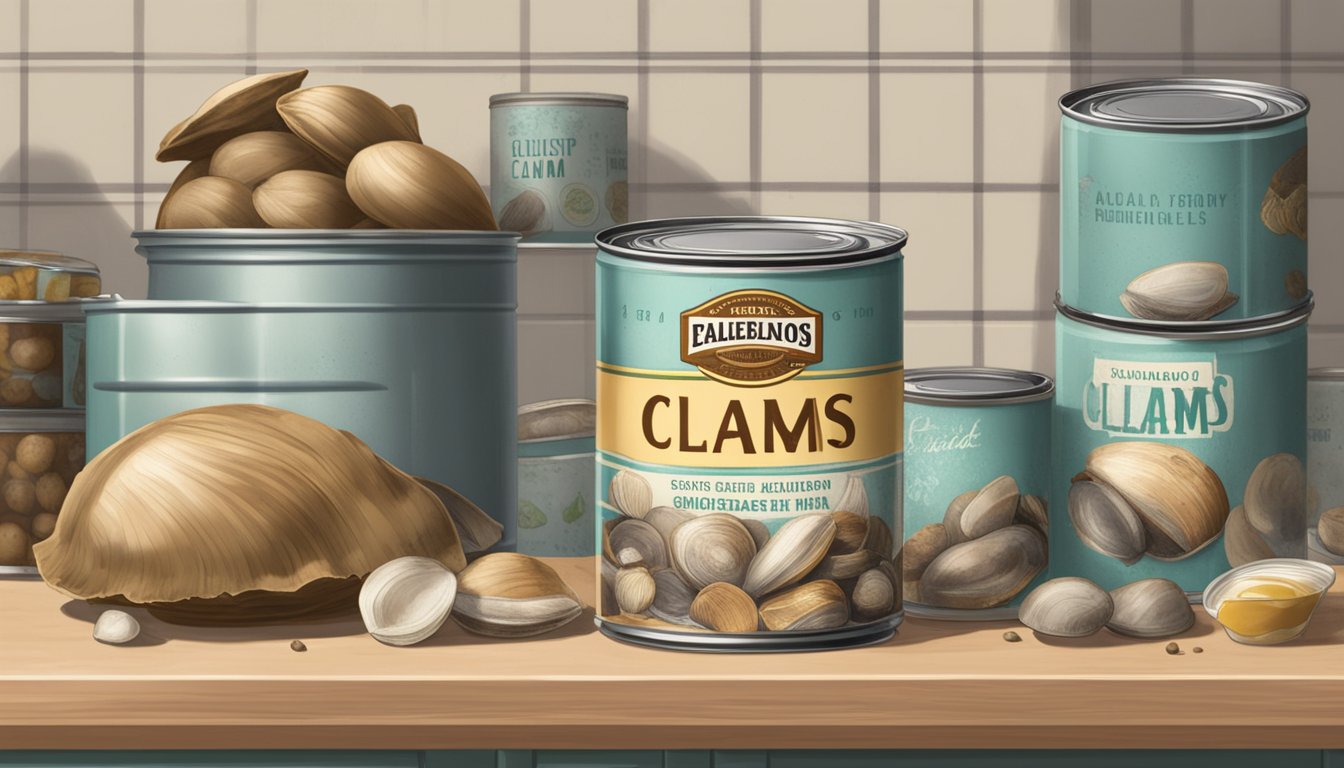 A can of clams sits on a kitchen counter, surrounded by other canned goods. The label is faded, and the can shows signs of rust and wear