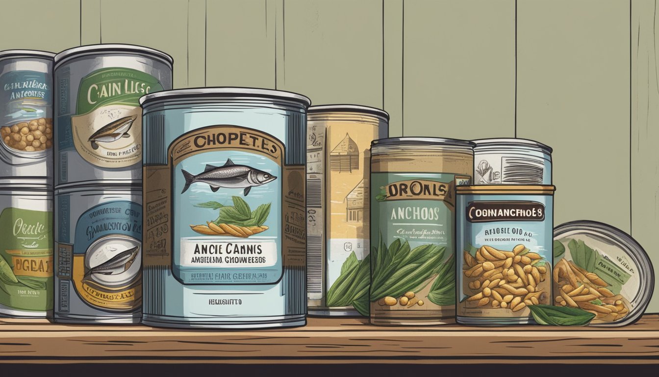 A can of anchovies sits on a shelf, surrounded by other canned goods. The label is slightly worn, and the can shows signs of aging