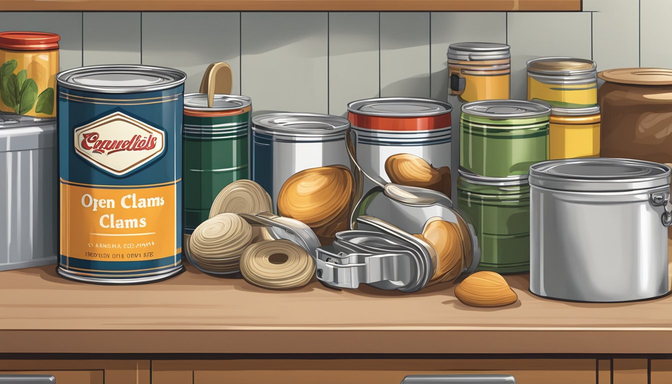 An open can of clams sits on a kitchen counter next to a can opener. A pantry shelf holds other canned goods