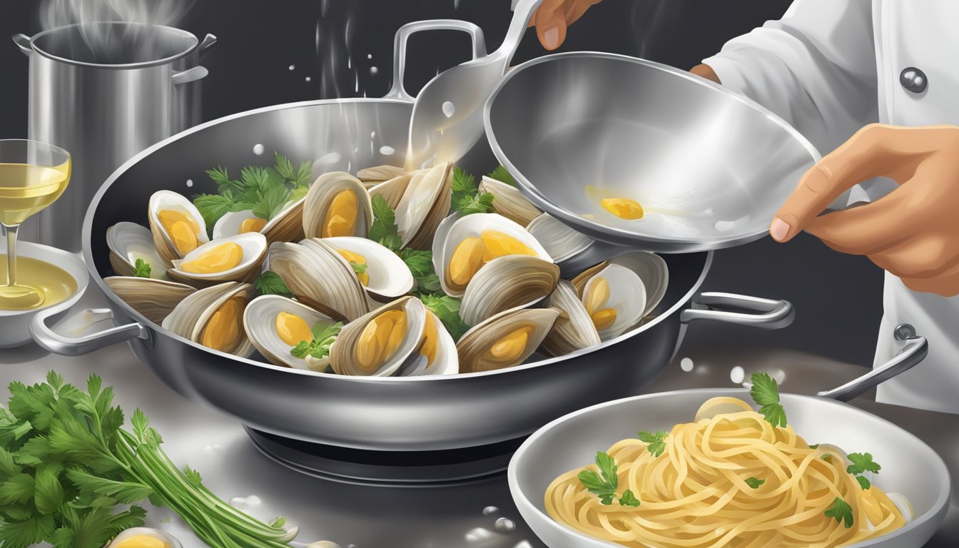 A chef opens a can of clams, adding them to a sizzling pan of pasta with fresh herbs and a splash of white wine