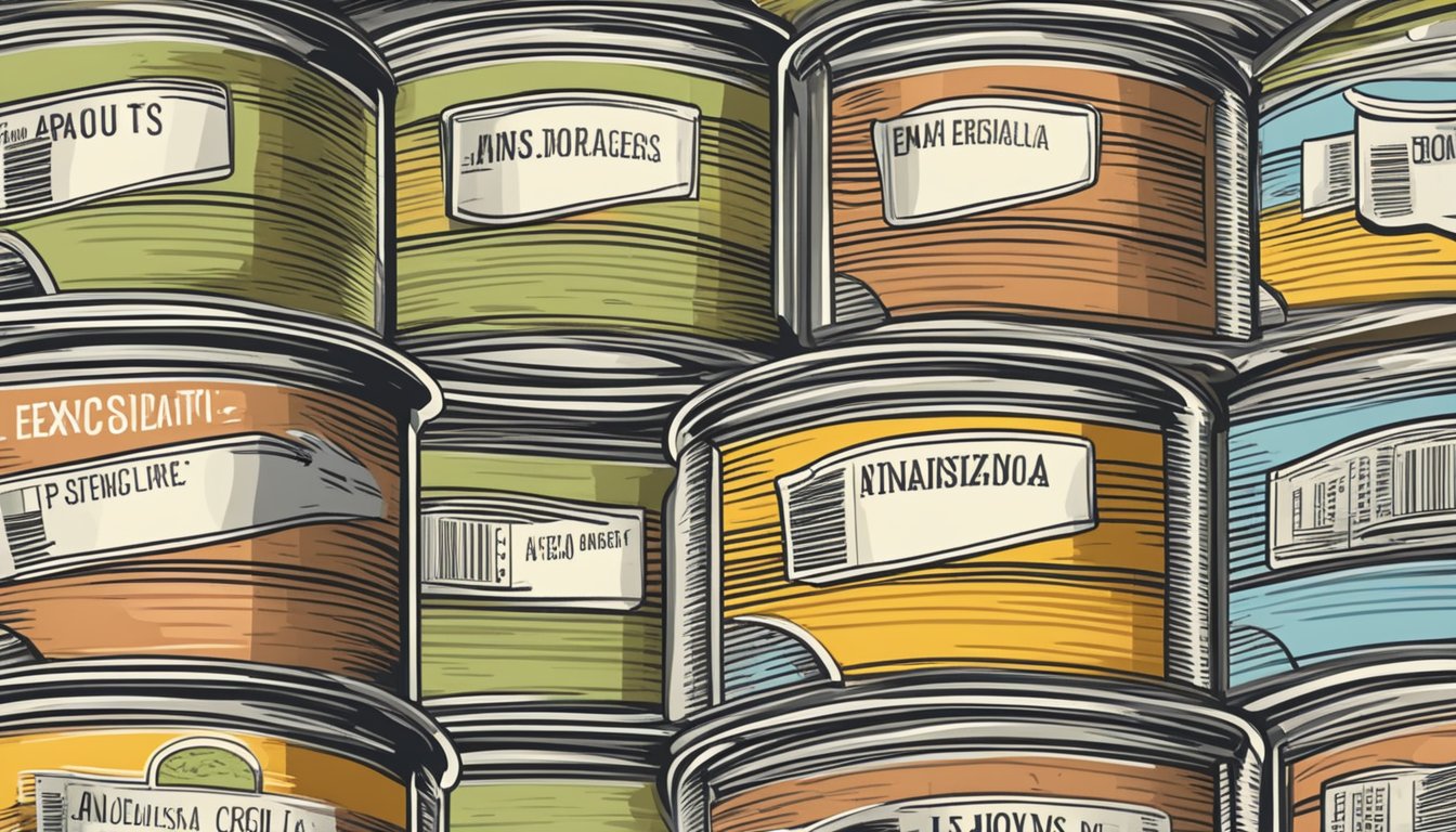 Canned anchovies neatly organized in a pantry, with labels facing forward and expiration dates clearly visible