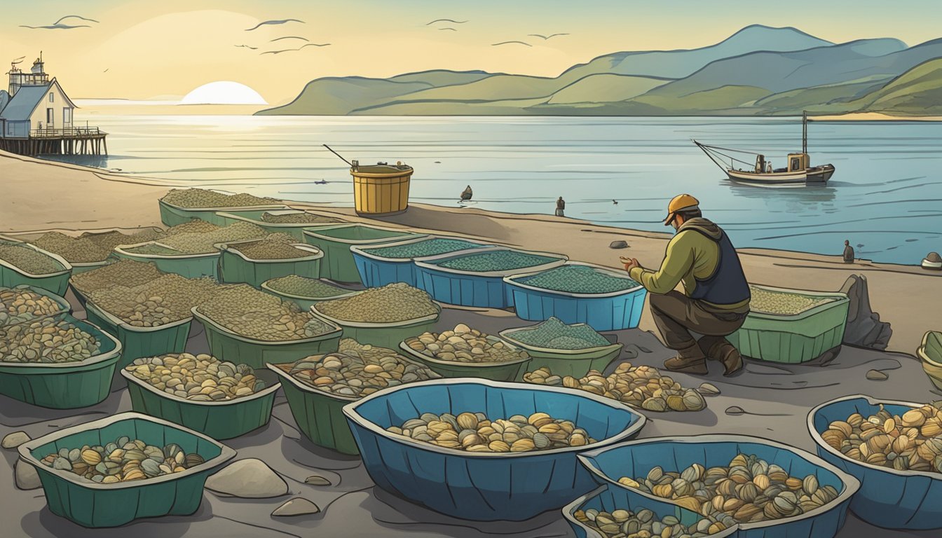 A serene coastal scene with a fisherman collecting fresh clams from the ocean, while a sustainable clam farm operates in the background