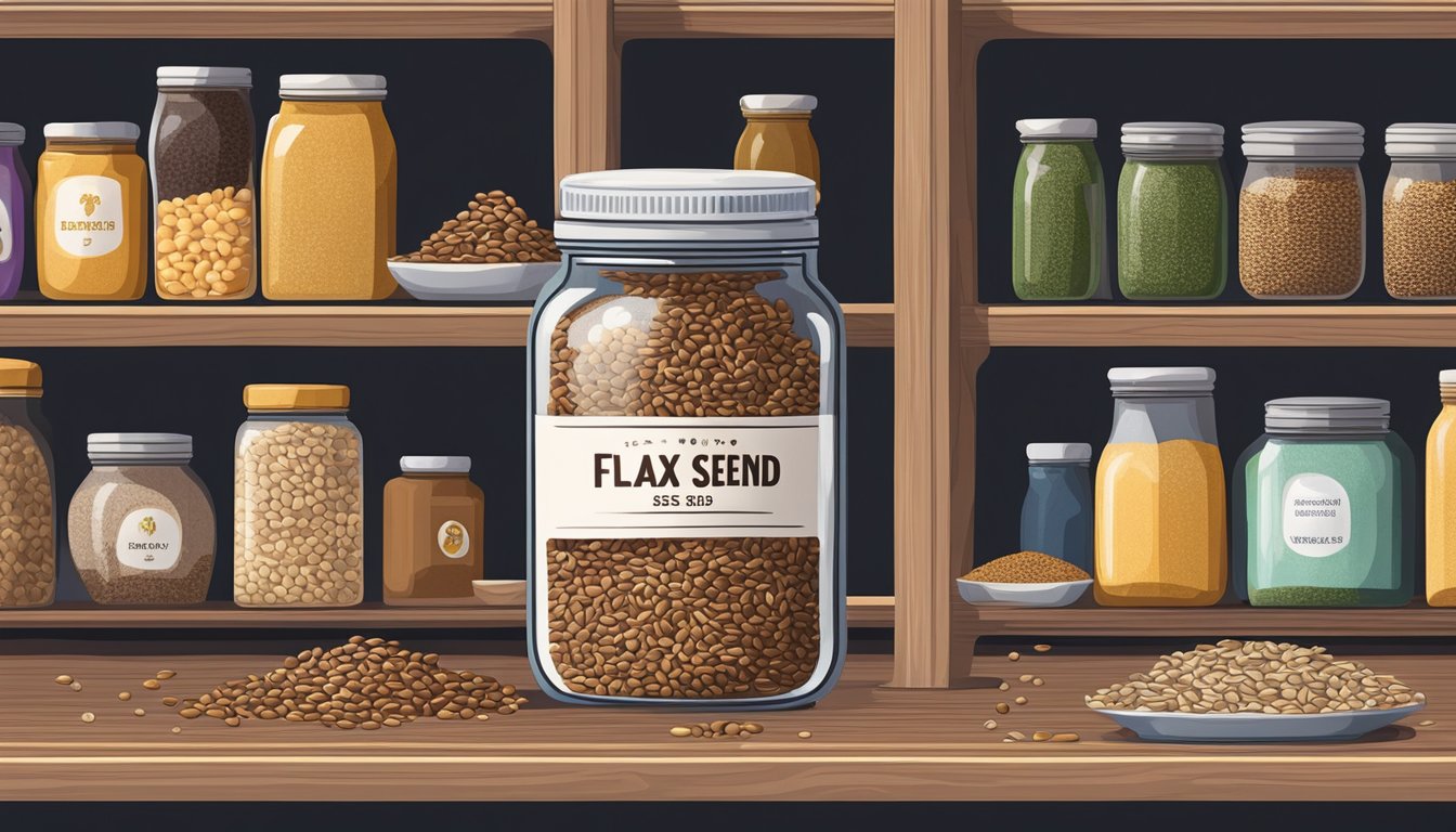 A jar of flax seeds sits on a shelf, surrounded by various food items. Some seeds have spilled out onto the shelf, showing signs of spoilage