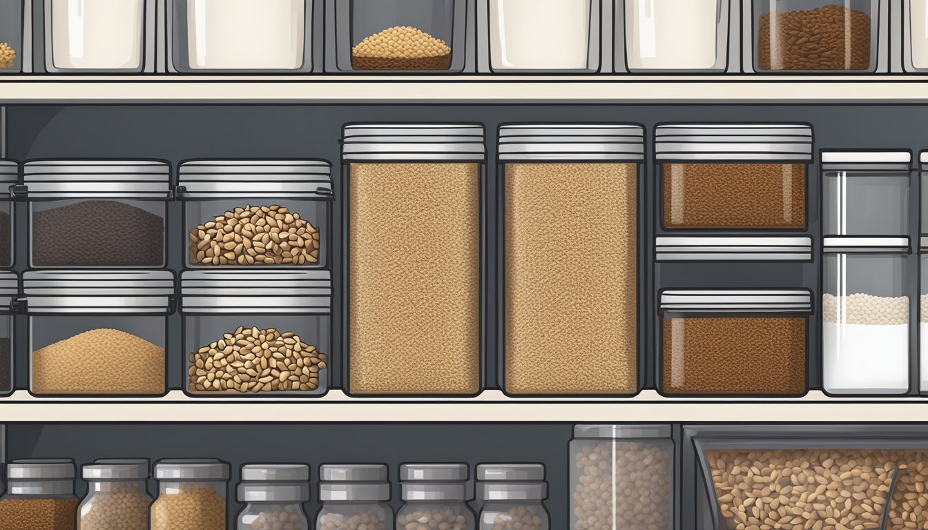 A clear, airtight container of flax seeds sits on a shelf, surrounded by other neatly organized storage containers