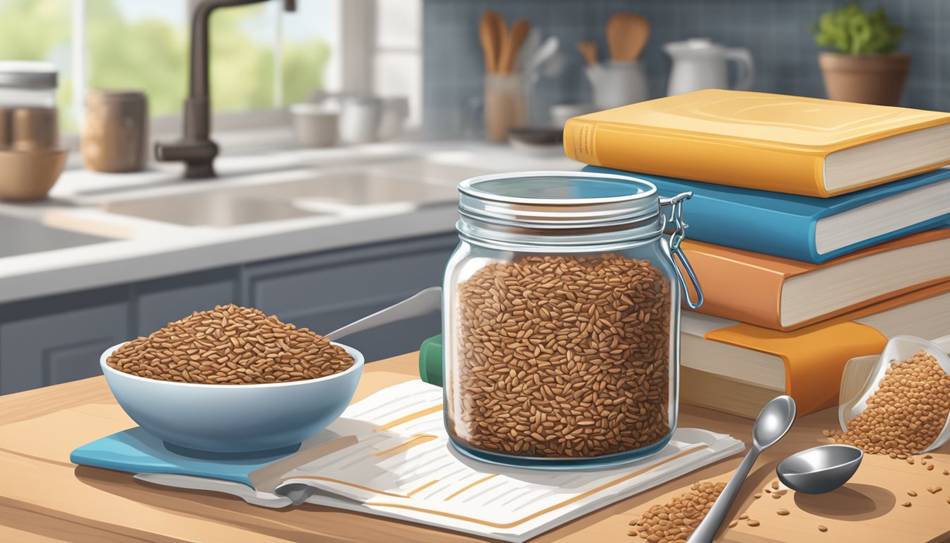 A jar of flax seeds sits on a kitchen counter surrounded by open recipe books and measuring spoons