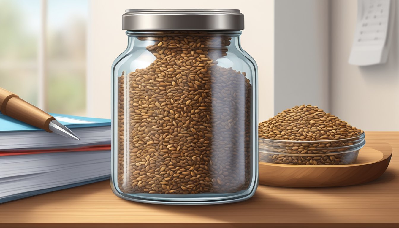 A clear glass jar filled with flax seeds, sealed with a metal lid, placed on a wooden shelf next to a calendar marking the current date