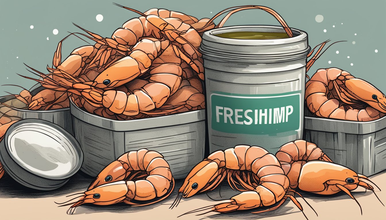 A pile of spoiled shrimp with a foul smell, discolored appearance, and slimy texture, sitting next to a container labeled "fresh shrimp."