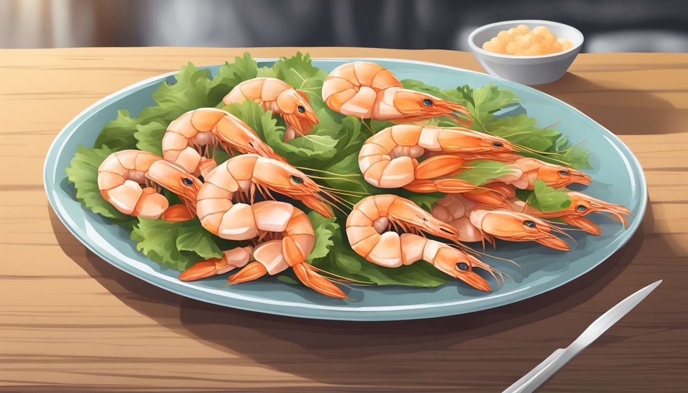 A plate of spoiled shrimp emits a foul odor, with visible signs of discoloration and sliminess