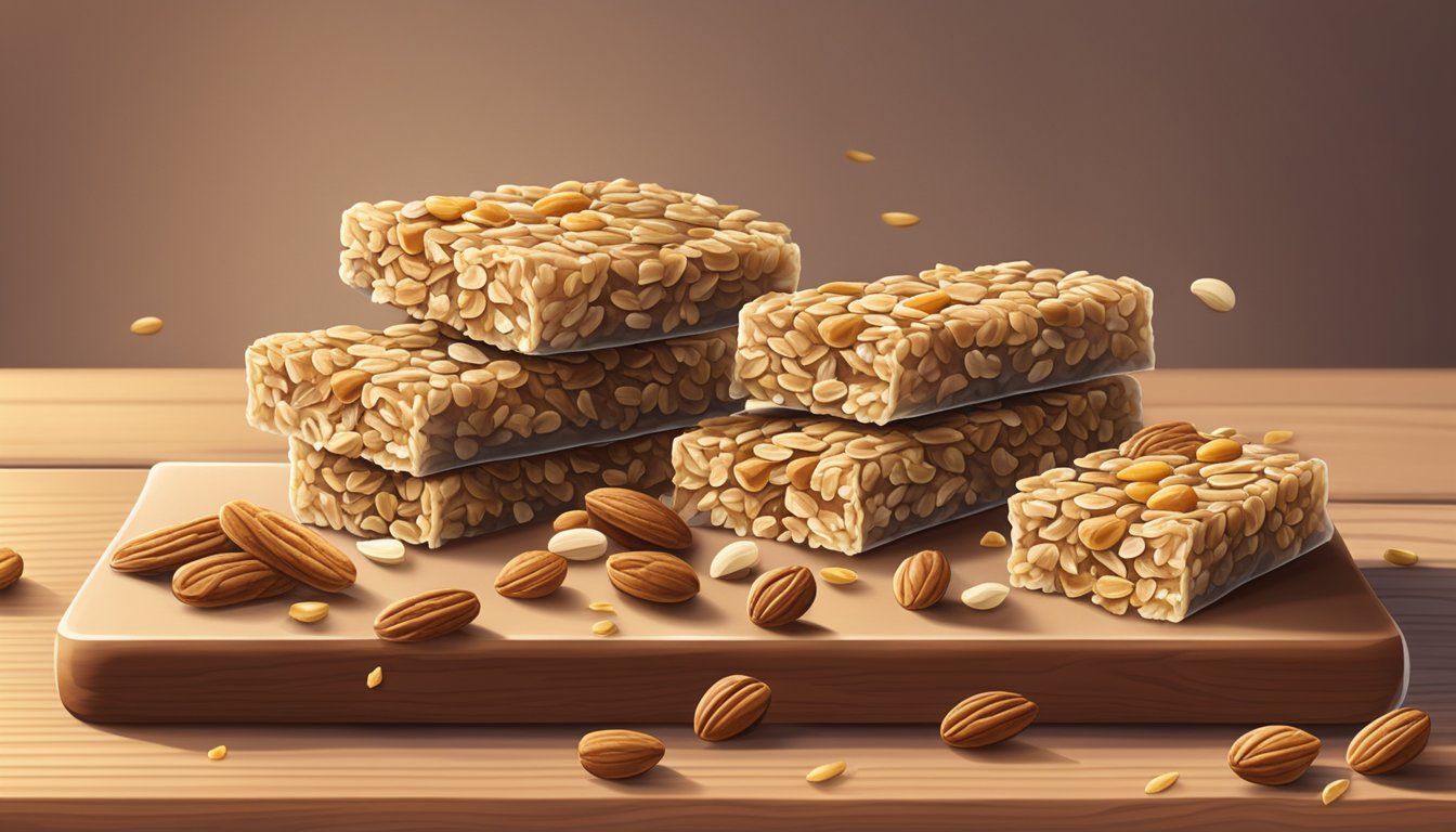 A variety of granola bars arranged on a wooden cutting board, with scattered oats and nuts in the background