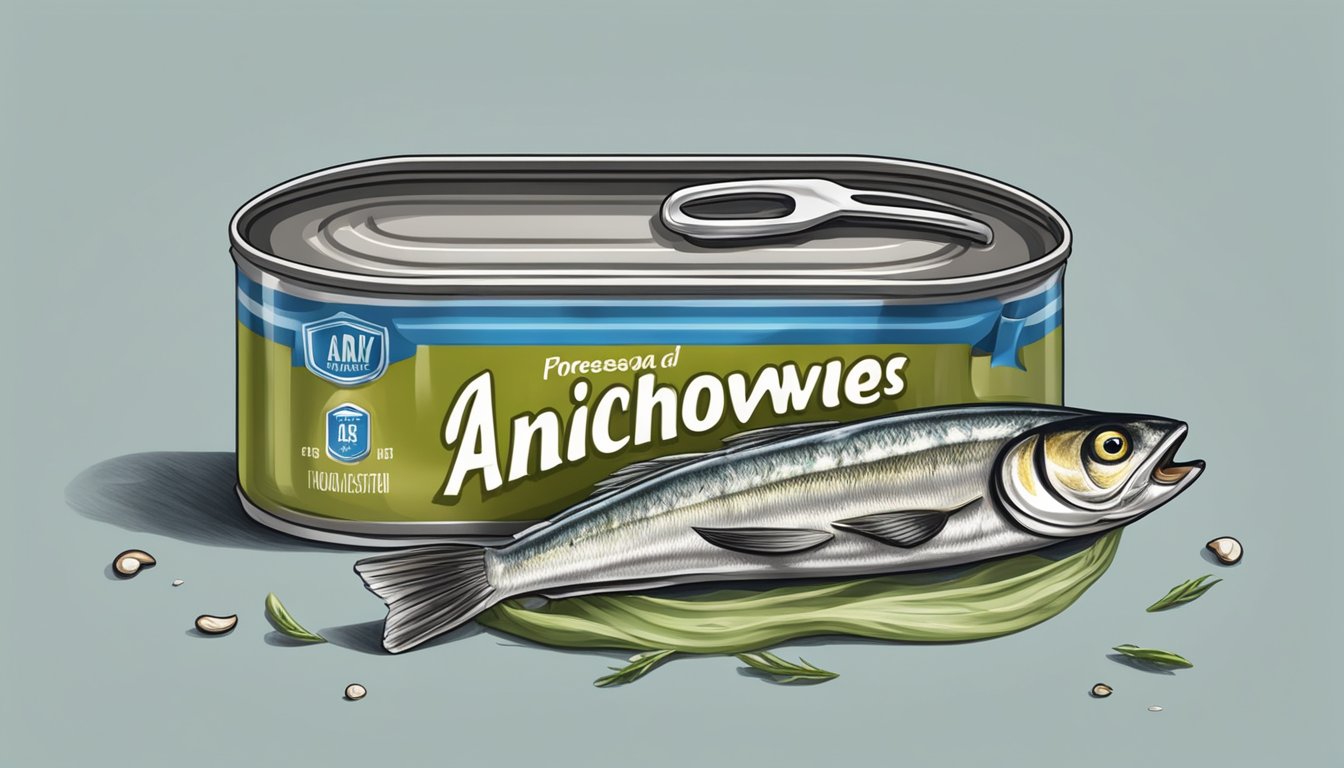 A can of anchovies with a foul smell, moldy appearance, and bulging lid on a kitchen counter