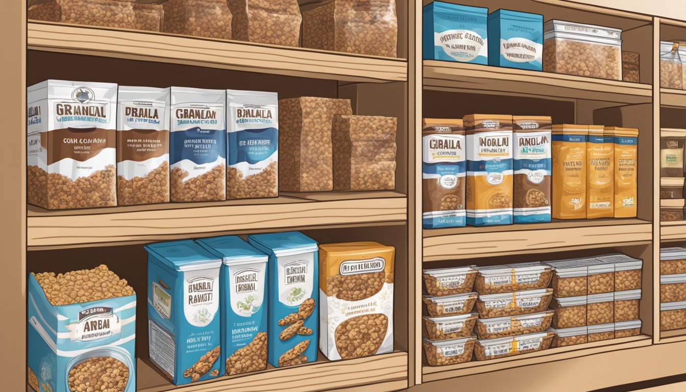 A pantry with neatly organized shelves of granola bars in their original packaging, with a label indicating the expiration date