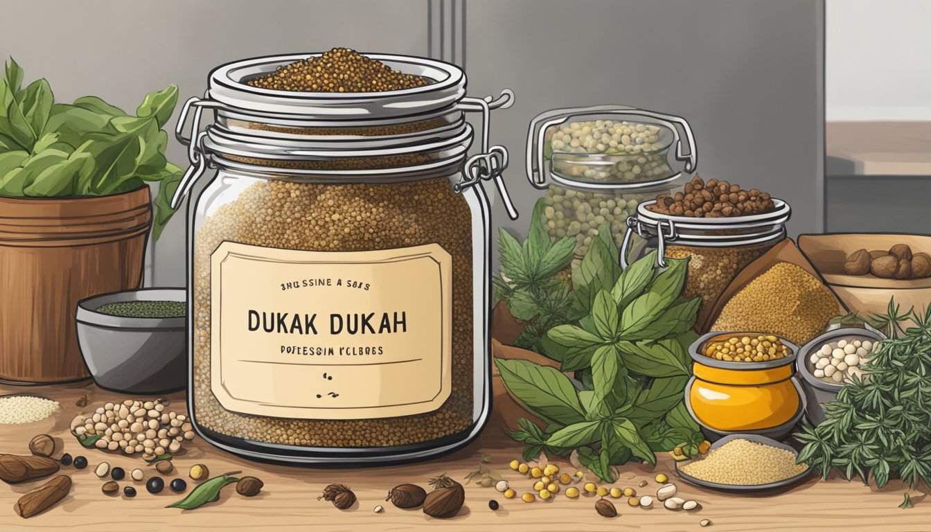 A small jar of Dukkah sits on a rustic kitchen counter, surrounded by a variety of spices and herbs. The lid is slightly ajar, hinting at its fragrant contents