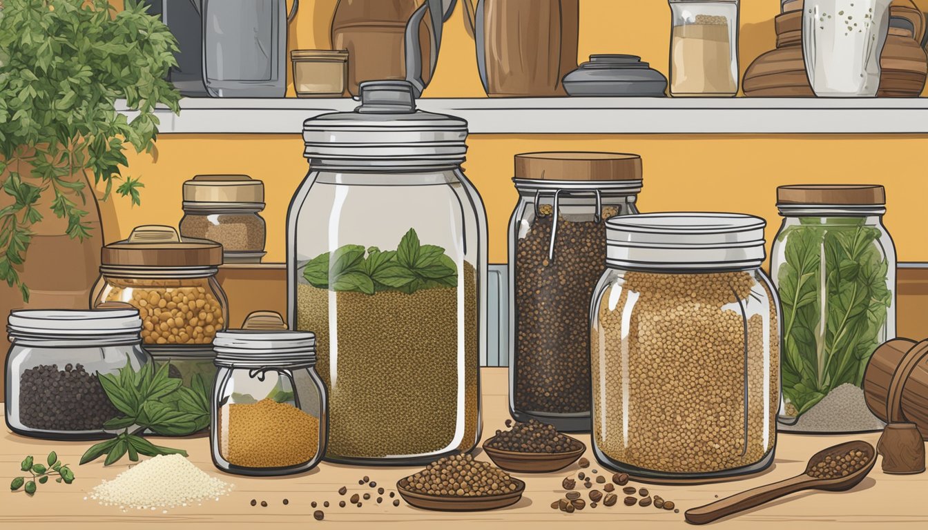 A jar of Dukkah sits on a kitchen counter, surrounded by various spices and herbs. The lid is slightly ajar, and the contents inside appear to be starting to clump together