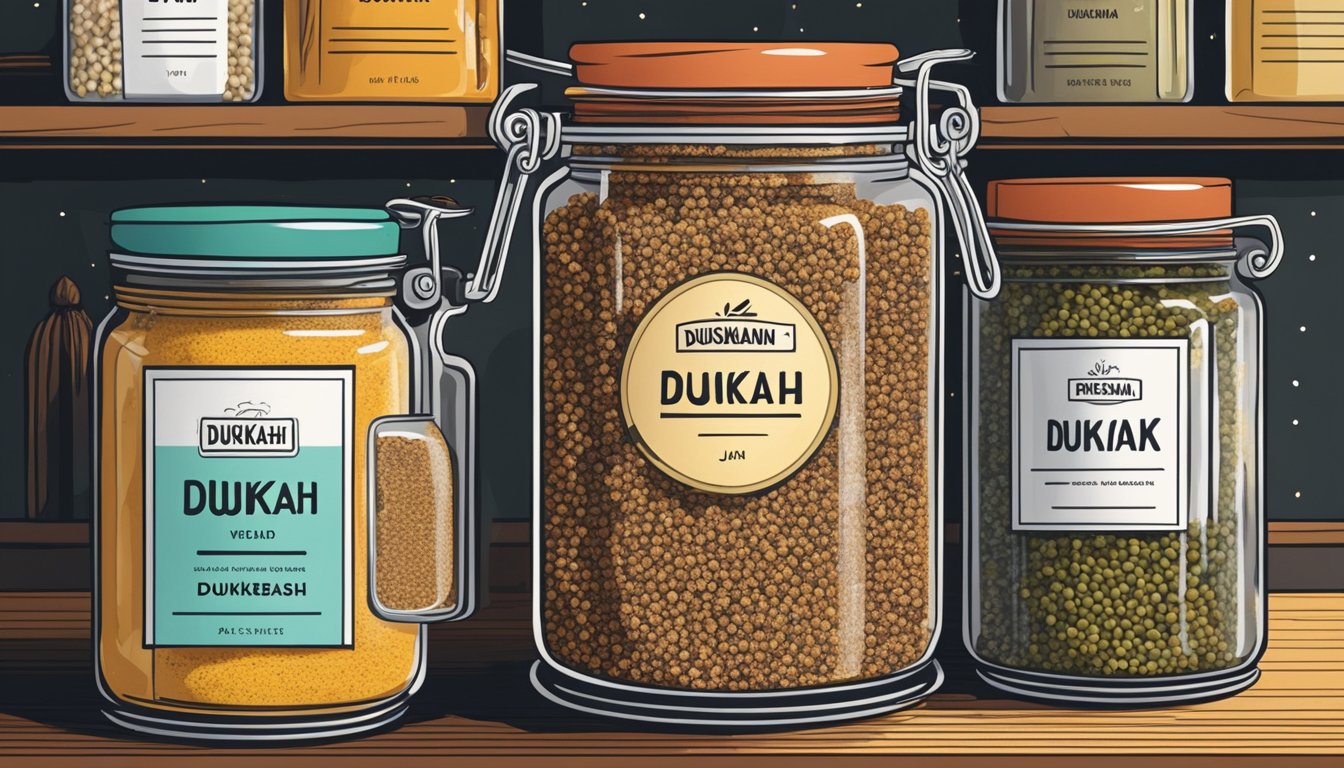 A jar of dukkah is tightly sealed and placed in a cool, dark pantry alongside other spices and condiments