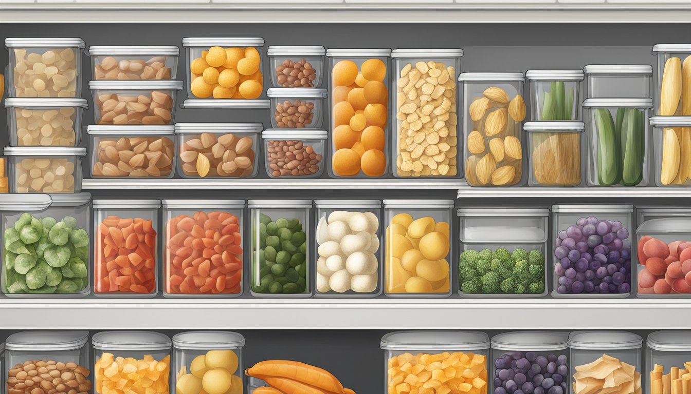 A variety of freeze-dried food items are neatly arranged on a shelf, including fruits, vegetables, and meats, all sealed in airtight packaging