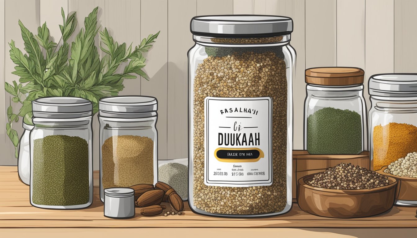 A sealed jar of Dukkah sits on a kitchen shelf next to a variety of spices and herbs, with a label indicating the date it was made