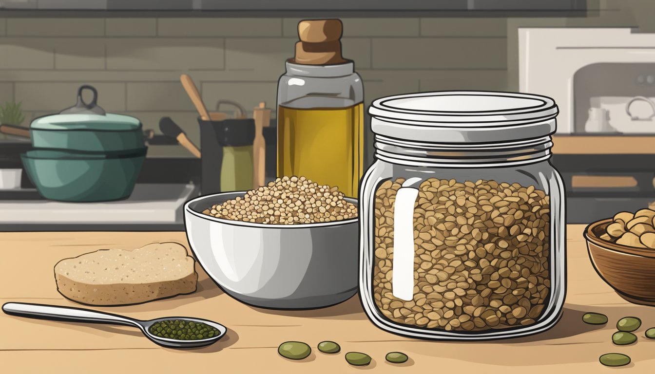 A jar of dukkah sits on a clean, organized kitchen counter next to a stack of fresh pita bread and a bowl of olive oil