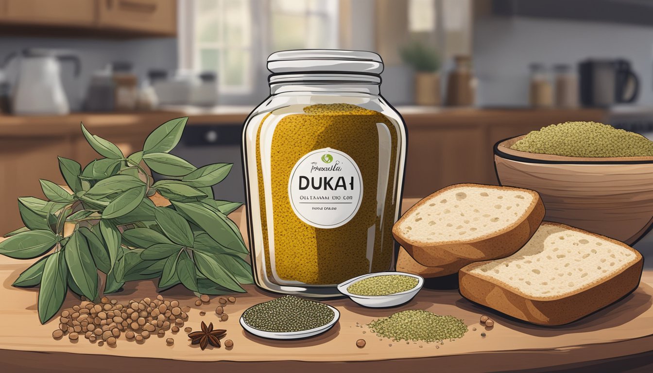 A jar of dukkah sits on a kitchen counter, surrounded by various spices and herbs. A bowl of olive oil and a loaf of bread are nearby