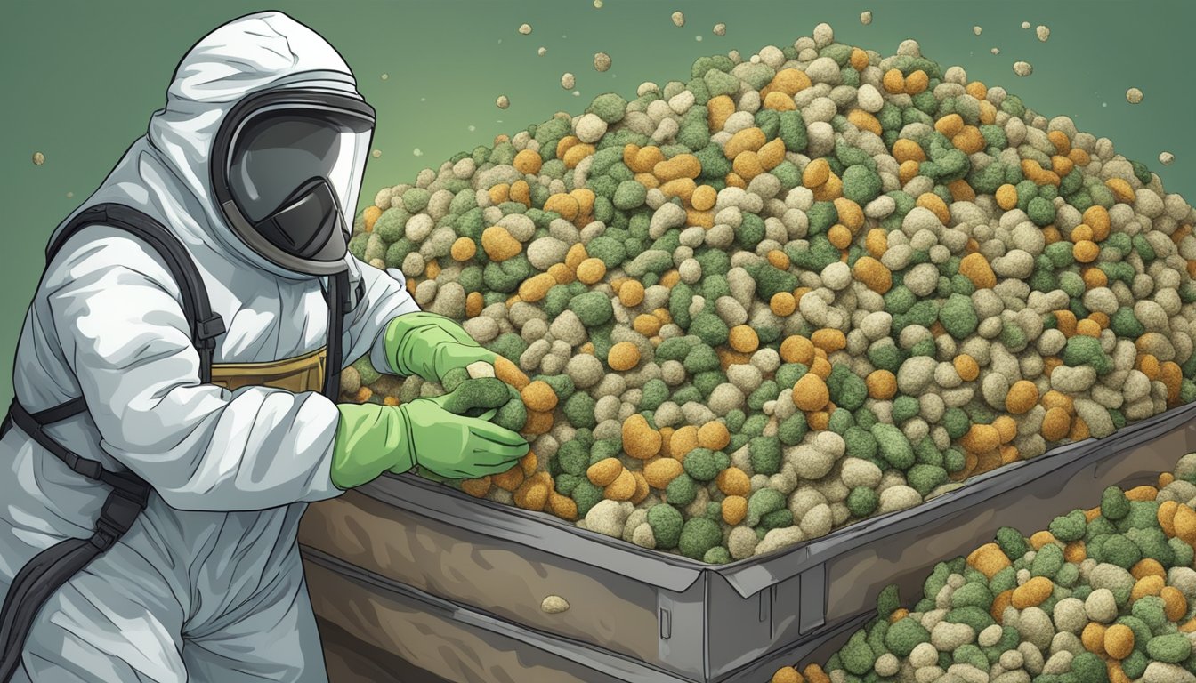 A pile of moldy and discolored freeze dried food is being avoided by a person in a hazmat suit