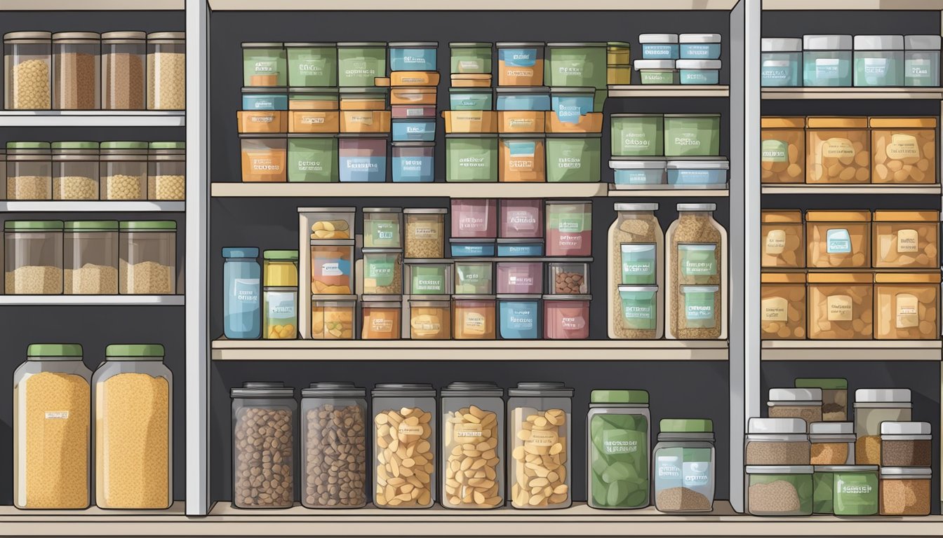 A pantry shelf filled with neatly organized containers of freeze-dried food, with labels indicating the date of storage and special considerations for preserving freshness