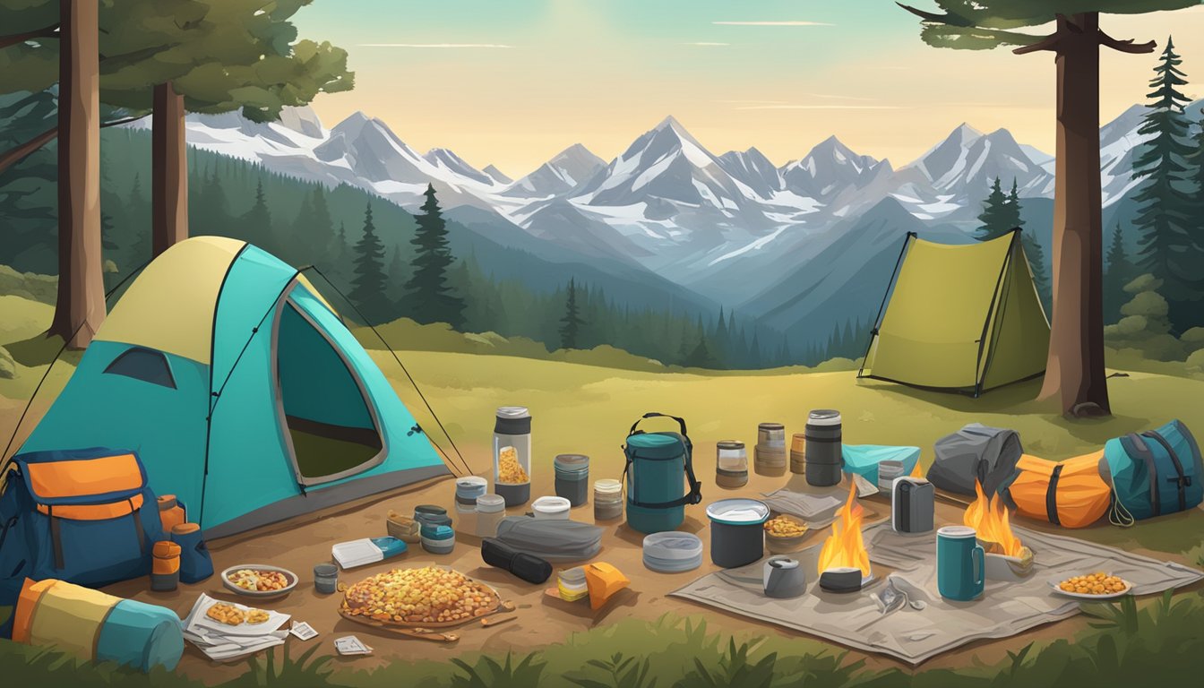 A backpacker's campsite with freeze-dried food packages scattered around, surrounded by hiking gear and a map, with a serene outdoor backdrop