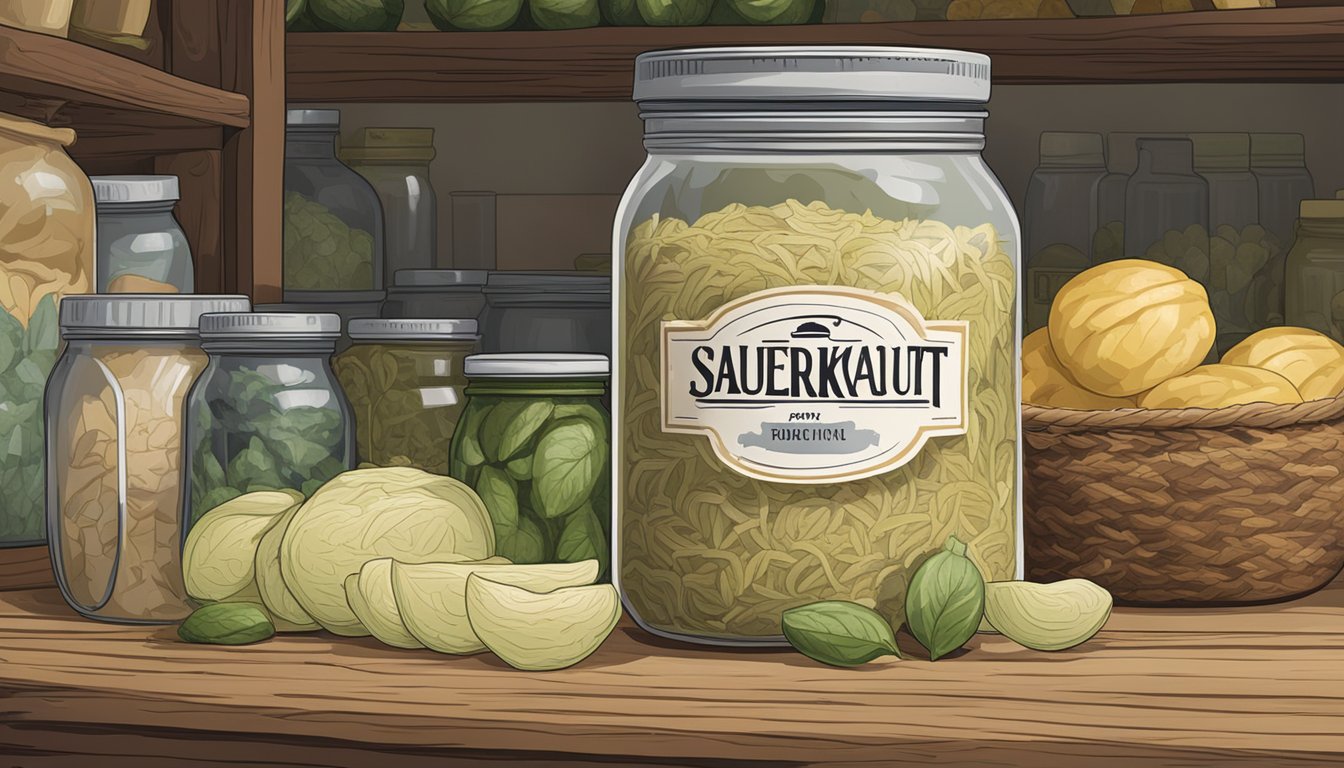 A jar of sauerkraut sits on a shelf, surrounded by other preserved foods. The label indicates the expiration date, while the contents remain sealed and untouched