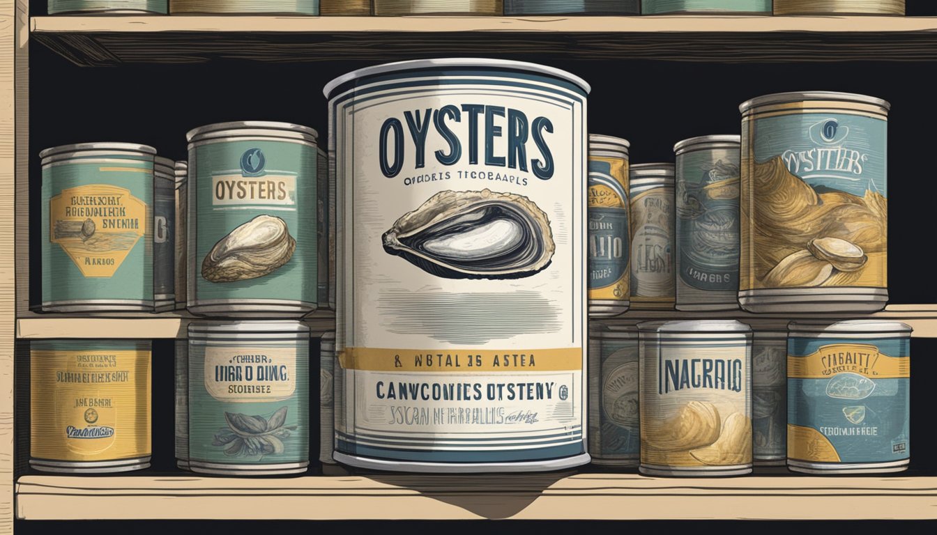 A can of oysters sits on a shelf, surrounded by other canned goods. The label is slightly faded, and the can appears to be unopened