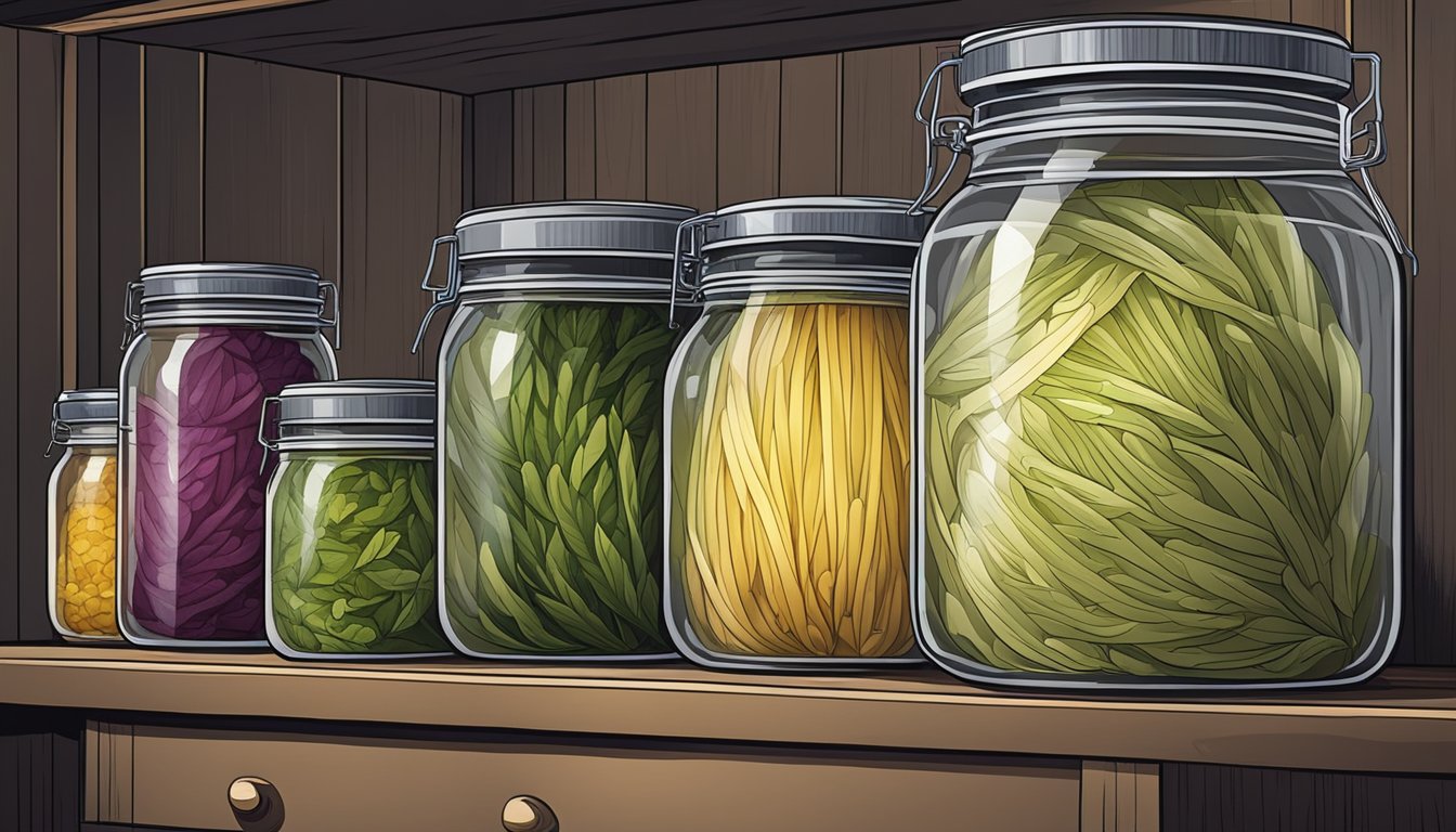 A glass jar of sauerkraut sits on a shelf in a cool, dark pantry, sealed tightly with a lid to maintain its freshness