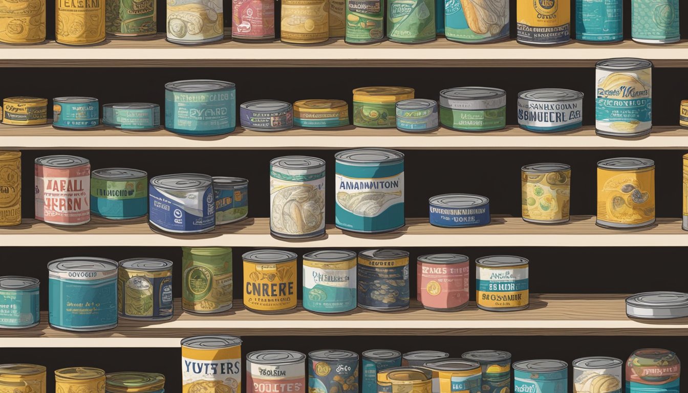 A can of oysters sits on a dusty shelf, surrounded by other canned goods. The expiration date is clearly visible, indicating the potential for spoilage