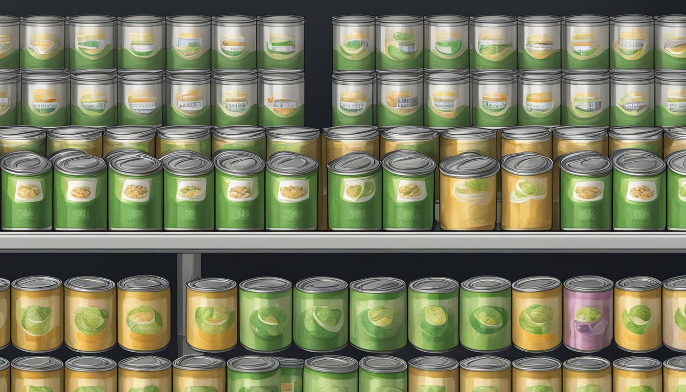 A pantry with neatly organized shelves filled with rows of canned peas, with expiration dates clearly labeled on each can