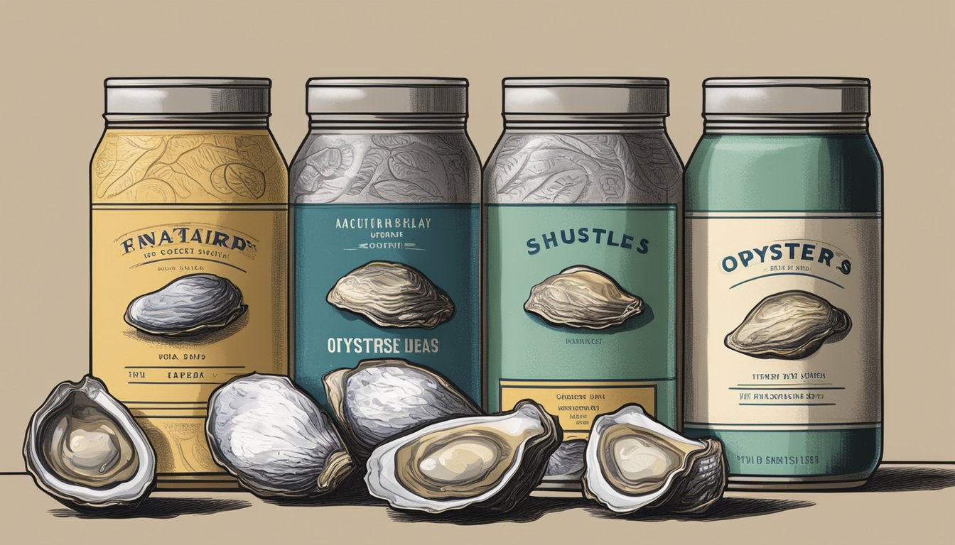 Canned oysters stored in a cool, dry pantry with labels facing forward