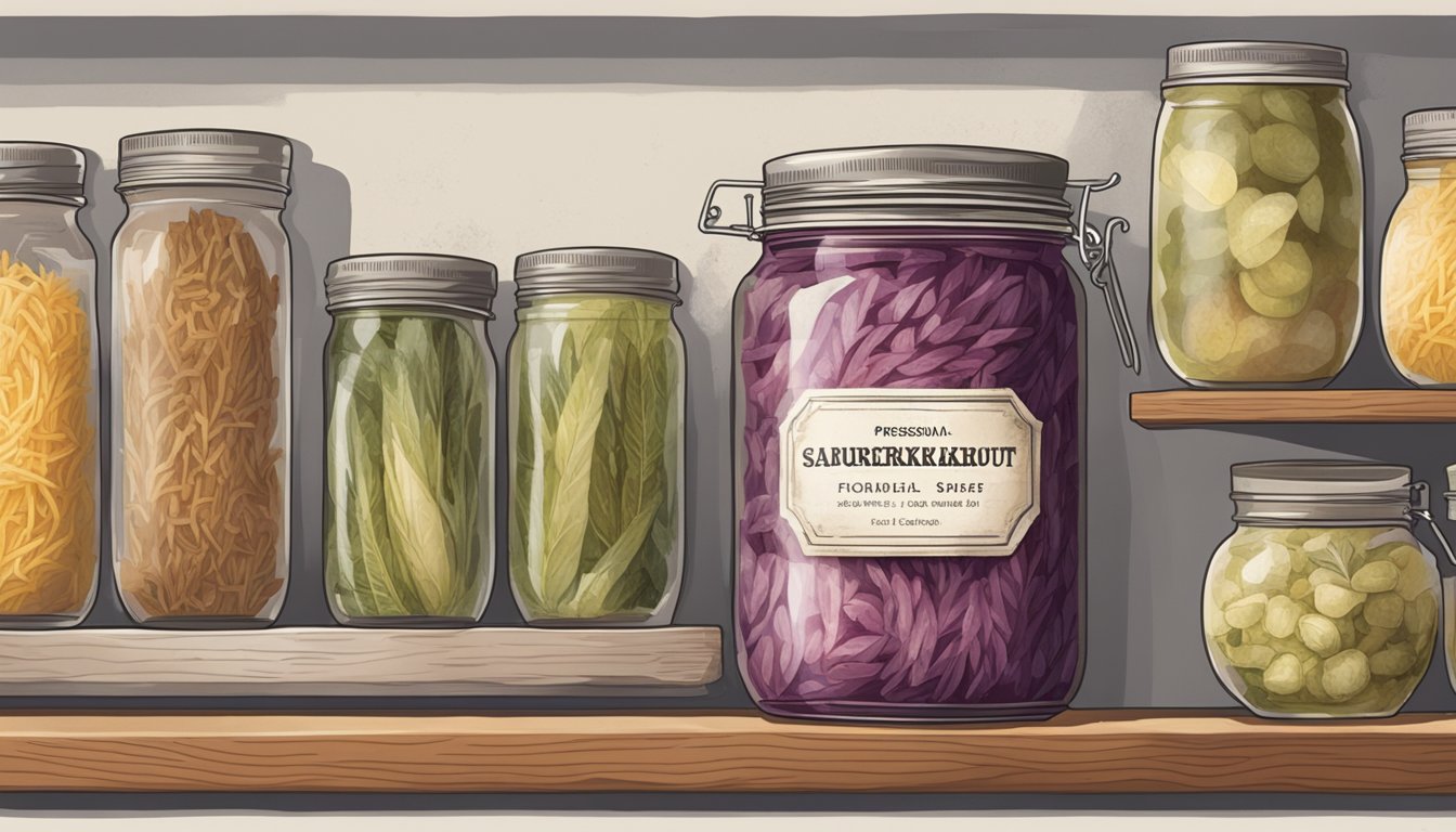 A jar of sauerkraut sits on a shelf, surrounded by other preserved foods. The label is faded, and the lid is slightly rusty