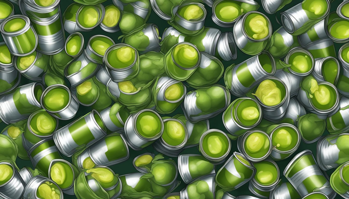 A pile of expired canned peas, bulging and dented, surrounded by flies and emitting a foul odor