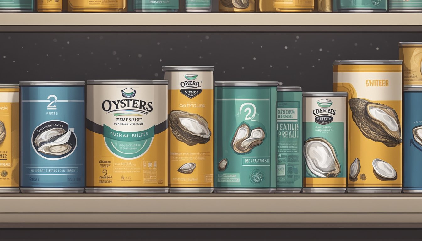 A can of oysters with a dent and bulging lid sits on a shelf next to other undamaged cans in a pantry