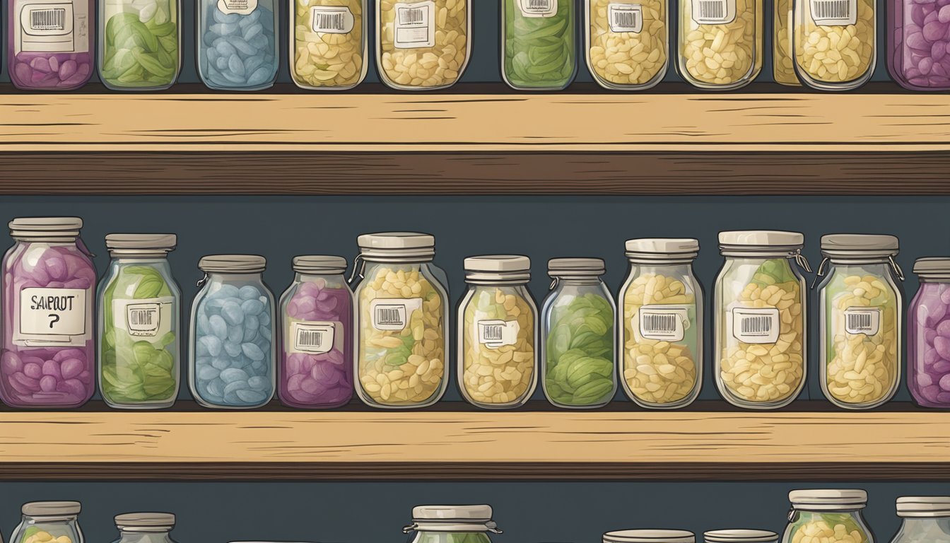 A jar of sauerkraut sits on a shelf, surrounded by various expiration date labels and question marks